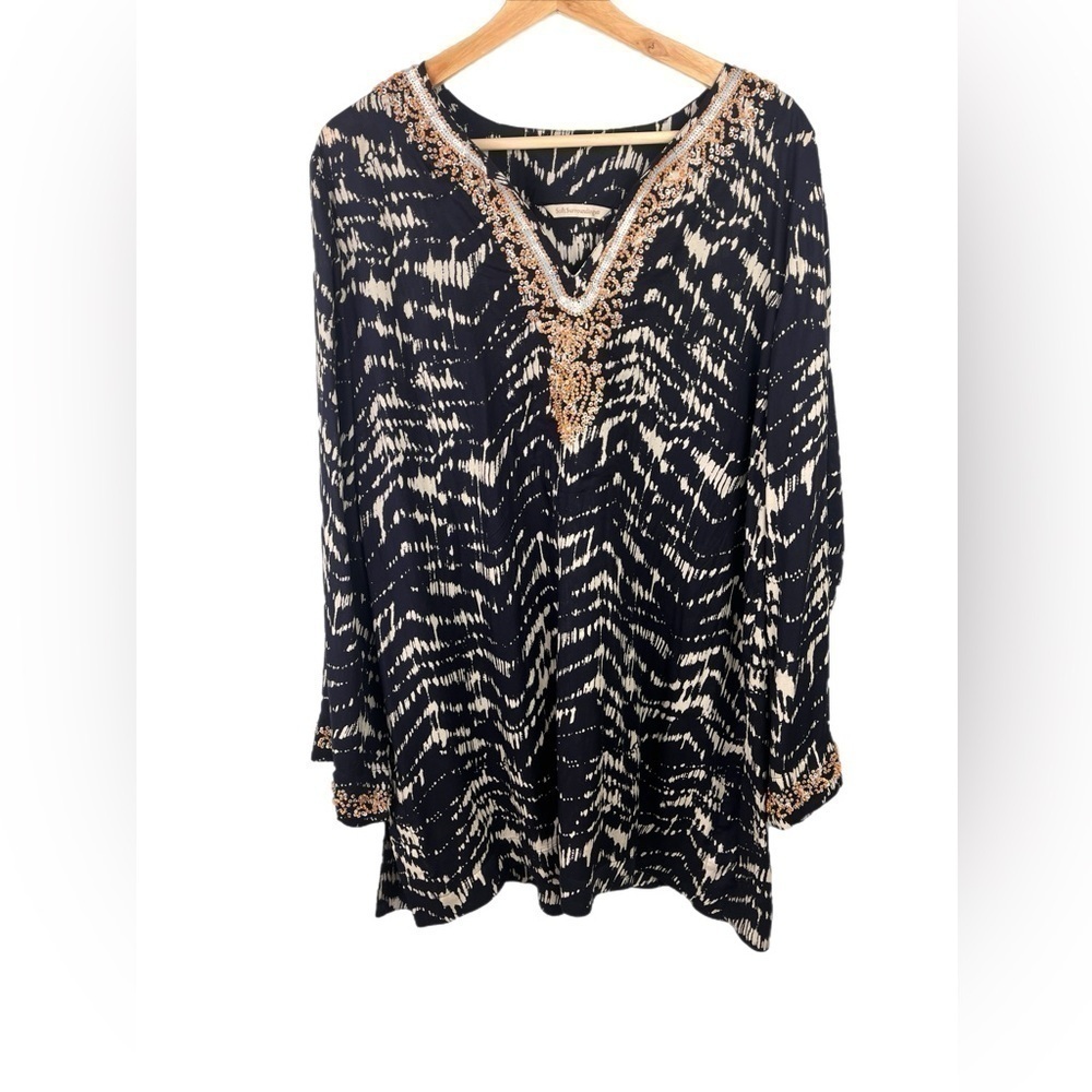 Soft Surroundings Navy Blue White Abstract Tunic with Bead Embellishment, Sz. XL